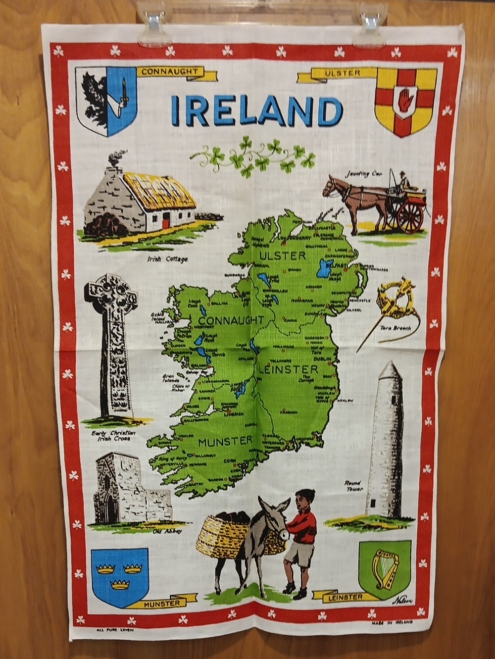 Never Used Vintage Ireland Map Linen Tea Towel - Green/Red